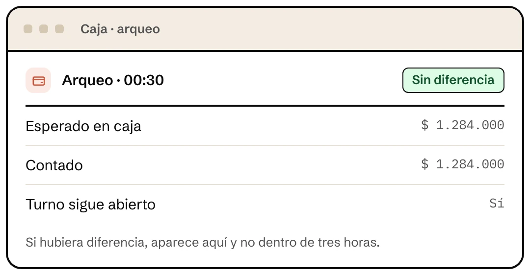 Arqueo de caja de madrugada en el software para bares Klave, con lo esperado, lo contado y el turno abierto
