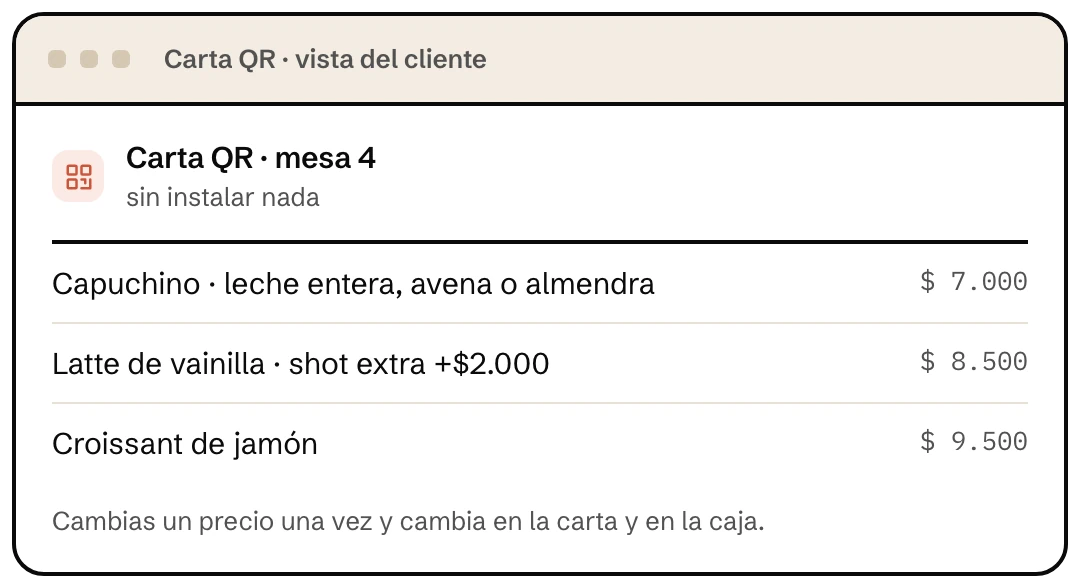 Carta con código QR de una cafetería en Klave, vista desde el celular del cliente