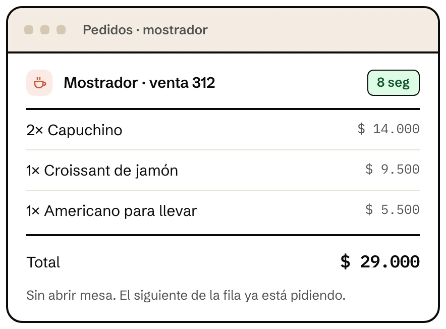 Cobro de mostrador en Klave, software para cafeterías, con los productos, el total y el tiempo de la venta