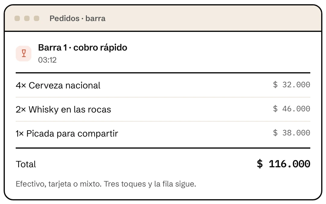 Cobro rápido en la barra con Klave, con los productos de la cuenta y el total