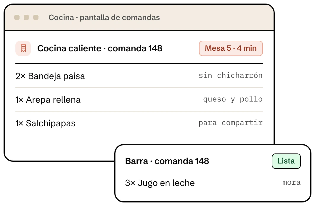 Comandas de cocina caliente y de barra para la mesa 5 en Klave, el software de cocina para restaurantes