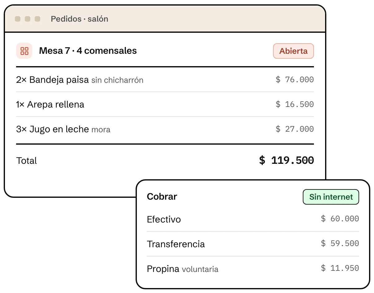 Cuenta de la mesa 7 y cobro sin internet en Klave, el software POS para restaurantes, con efectivo, transferencia y propina