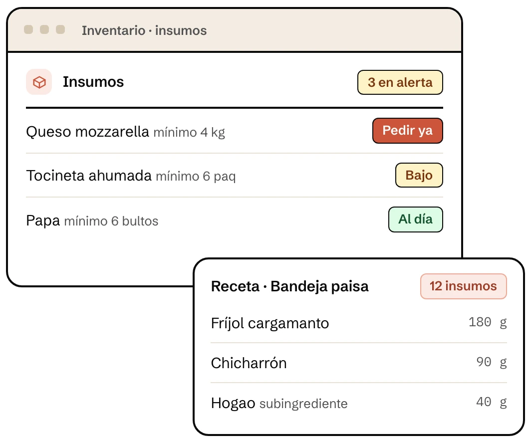 Insumos en alerta y receta de la bandeja paisa en Klave, el software de inventario para restaurantes
