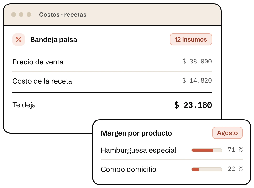 Costo de la receta de la bandeja paisa y margen por producto en Klave, control de costos para restaurantes