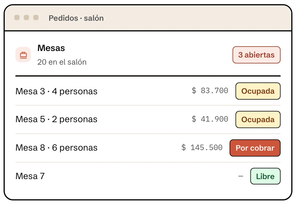 Pantalla de mesas del salón en Klave, el software para restaurantes, con el valor de cada mesa y su estado